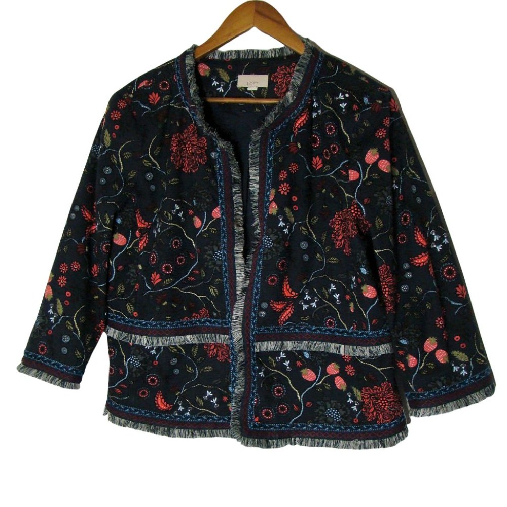 LOFT Primavera Strawberry Floral Fringe Blazer Size 14